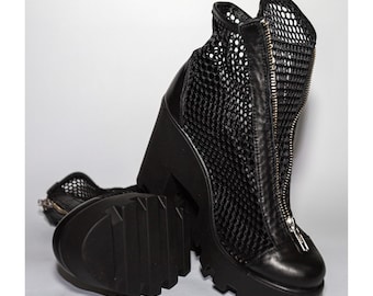 Handmade Mesh Ankle Boots, Chunky Heel Platform, Gothic Zipper Boots