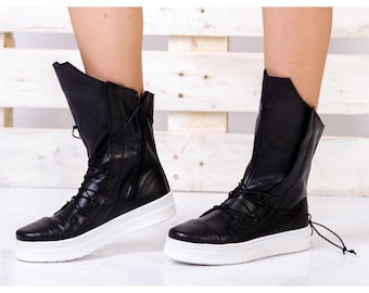 Black Leather Sneaker Boots: Women's High Top Platform Shoes