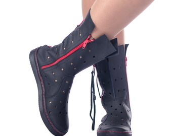 Handmade Black Leather Mid-Calf Boots: Triple Red Zipper, Perforated Design