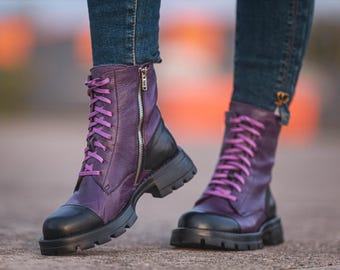 Purple Genuine Leather Boots, Extravagant Leather Winter Boots, Woman Genuine Leather Elegant Ankle Boots, Winter Grunge Punk Shoes