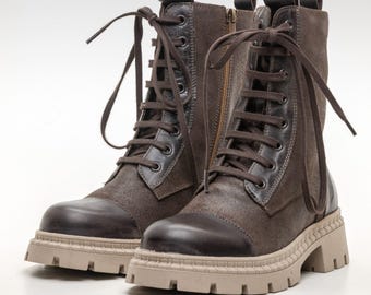 Handmade Combat Boots | Brown Leather Winter Boots with Beige Sole