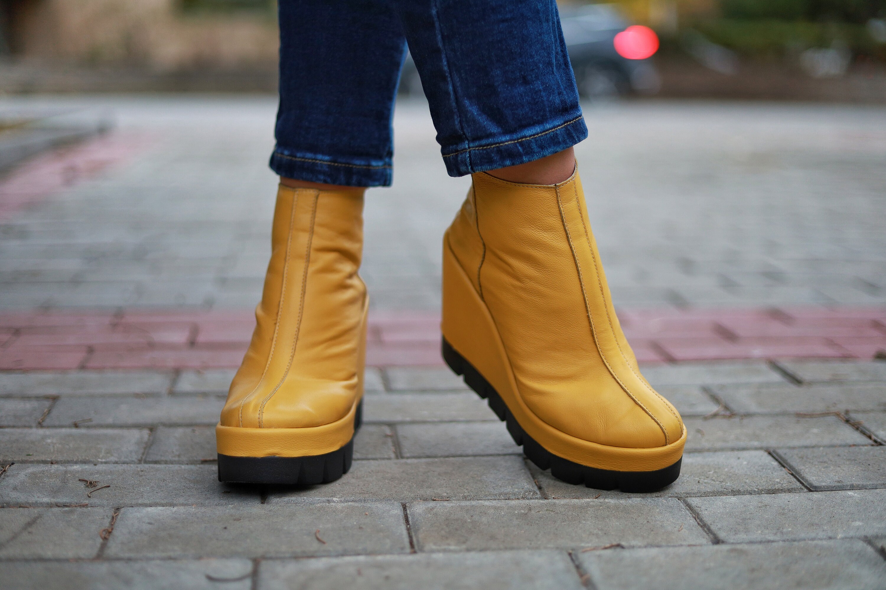 Yellow Leather Platform Ankle Boots: High Heel Fall Shoes - Etsy