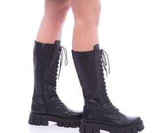Genuine Leather Cuban-Style Knee-High Boots: Chunky Platform Combat Boots