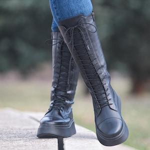 Tall Genuine Leather Platform Boots - Lace-Up Black Boots