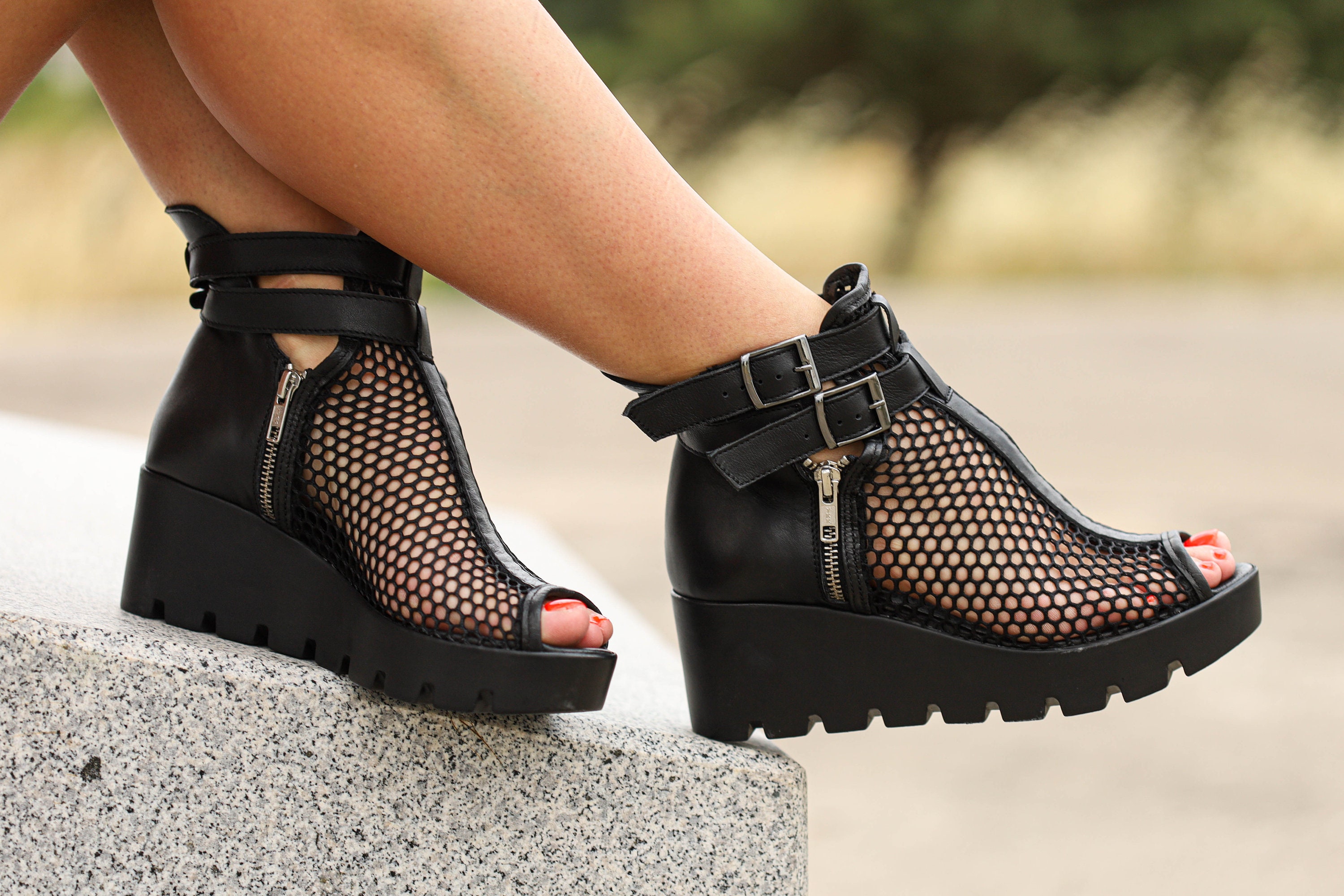 Black platform sandals, woman black lace leather sheer ankle boots, spring summer sandal boots, Genuine leather handcrafted gothic sandals