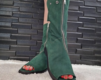 Handmade Green Leather Gladiator Sandals: Knee High Open Toe Summer Boots