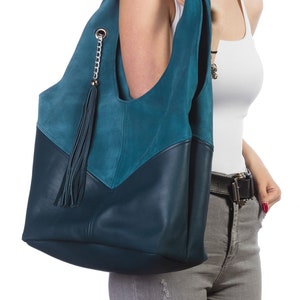 Turquoise Leather Hobo Bag: Large Slouchy Shoulder Bag with Tassel