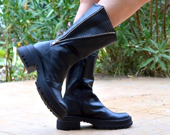 Black Leather Mid-Calf Boots: Dual Zipper Chunky Sole