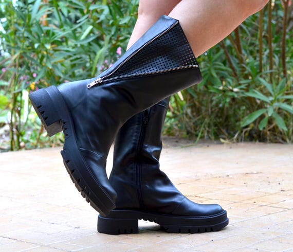 Black Leather Mid-Calf Boots: Dual Zipper Chunky Sole
