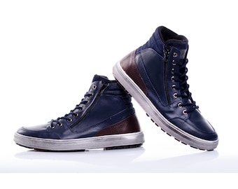 Hoge blauwe leren sneakers: handgemaakte laarzen met dubbele ritssluiting