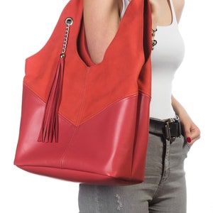 Coral Leather Hobo Bag: Slouchy Shoulder Bag with Tassel