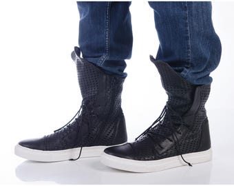 Handgemaakte zwarte leren hoge sneakers: herenlaarzen met dubbele ritssluiting