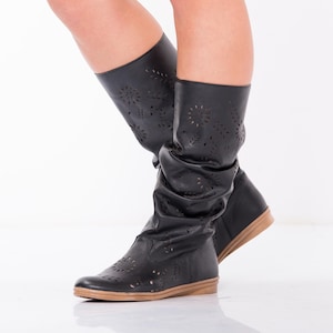Extravagant Leather Summer Boots, Elegant Urban Gothic Cowgirl Shoes, Perforated Summer Boots for Women, Handcrafted Gladiator Leather Boots