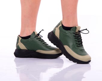 Green Leather Sneakers: Handmade Casual Women's Shoes