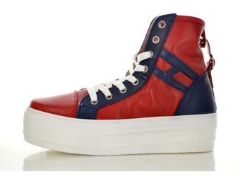 Handmade Leather Platform Sneakers: Red & Navy High-Top Shoes
