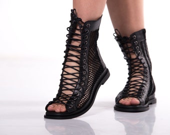 Handcrafted Gothic Sandals,Black Sandal Boots, Gothic Genuine Leather Eco Friendly Woman Summer Shoes, Laces Sheer Breathable Open Toe Shoes
