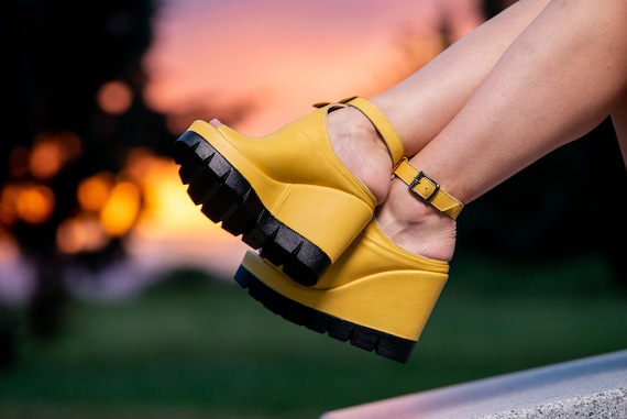Yellow Summer Leather Women's Clog Sandals, Genuine Leather