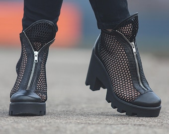 Black Mesh Ankle Boots, Chunky Heel Platform, Gothic Zipper Booties