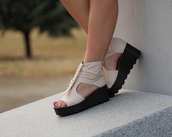 Handmade Beige Leather Platform Sandals: Buckle Detail, Summer Shoes