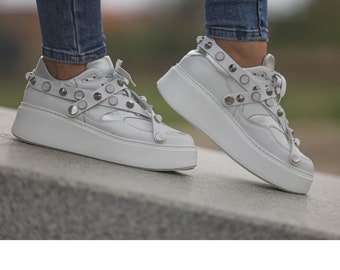 White Leather Platform Sneakers: Stone Embellished, Genuine Leather Casual Shoes