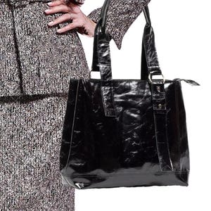 Glossy Black Leather Tote Bag – Large Shoulder Handbag for Women, Stylish Everyday Purse, Genuine Leather Shopper