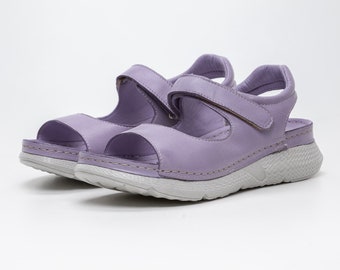 Handmade Orthopedic Leather Sandals: Light Purple Slip-Ons