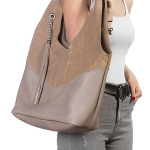 Leather Hobo Bag with Tassel: Beige Slouchy Shoulder Bag