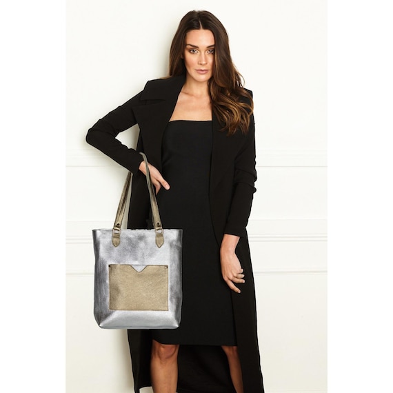 Extra Large Silver Metallic Leather Tote Bag Luxurious Silver And