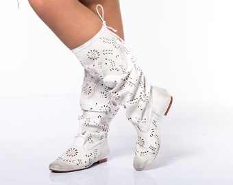 Perforated Summer Boots for Women, Extravagant Leather Summer Boots, Handcrafted Gladiator Leather Boots, Elegant Urban Gothic Cowgirl Shoes