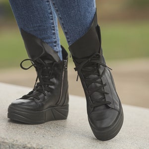 Extravagant Women Genuine Leather Sneakers, Black Genuine Leather Sneakers Boots, Platform Fashion Spring-Autumn Shoes,Black Gothic Sneakers
