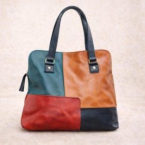 Borsa tote in pelle patchwork, borsa a tracolla multicolore, grande shopper in pelle, borsa da donna