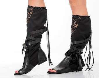 Handcrafted Gothic Sandal Boots, Extravagant Gladiator Sandals Boots for Women, Laced up High Flat Summer Shoes,Genuine Leather Boho Sandals