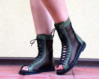 Gothic Green Leather Sandal Boots: Sheer Open Toe Summer Shoes