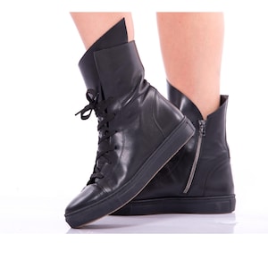 Black Genuine Leather Sneakers Boots, Extravagant Women Genuine Leather Boots, Platform Fashion Spring-Autumn Shoes,Black Gothic Sneakers
