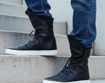 Black Leather Street Style Boots | Perforated High-Top Sneakers | Handmade Unisex Urban Footwear