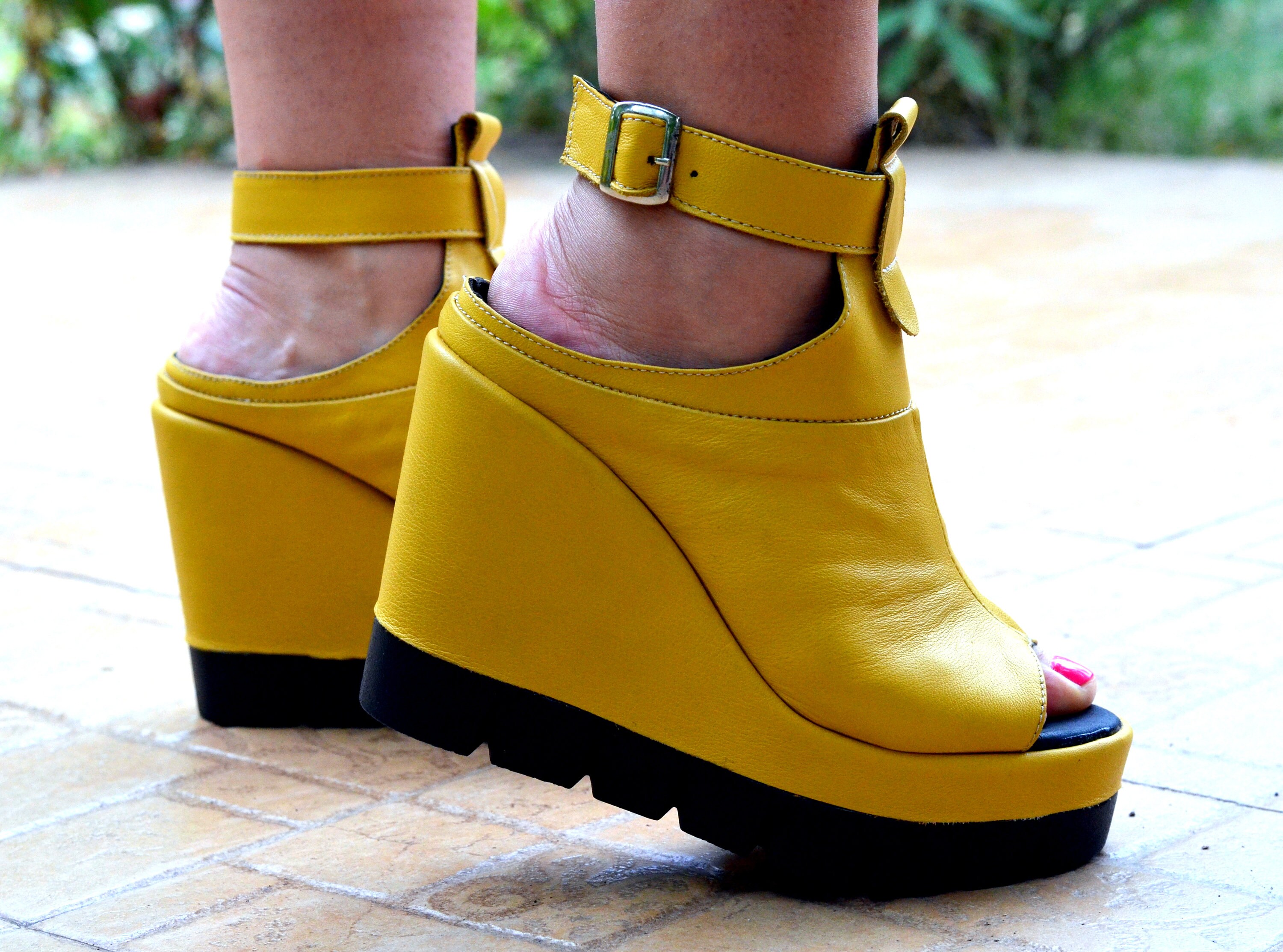 Handmade Yellow Leather Platform Wedge Sandals - Open Toe Summer