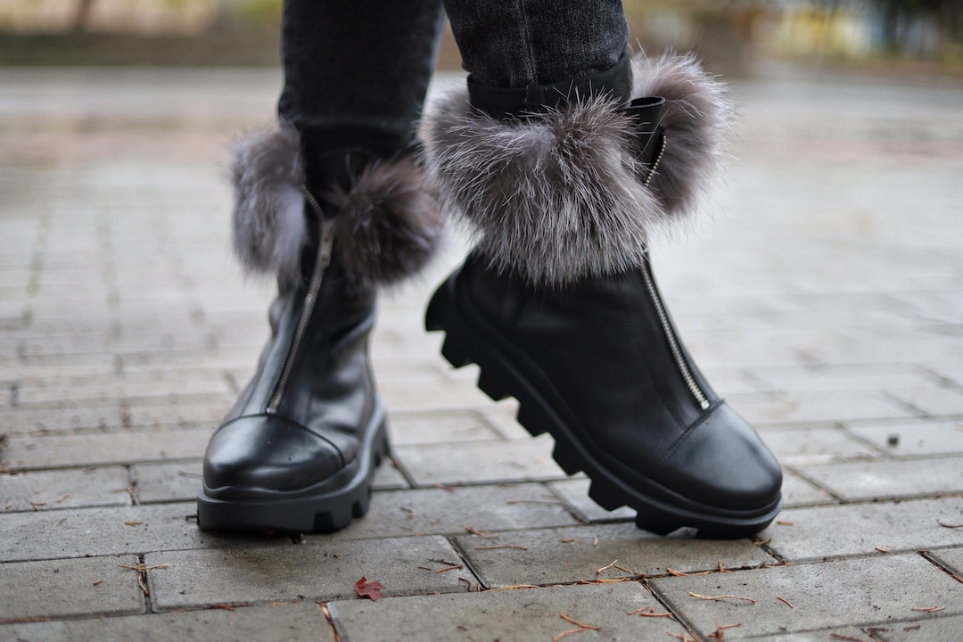 Black Leather Platform Boots: Silver Fox Fur Winter Shoes - Etsy