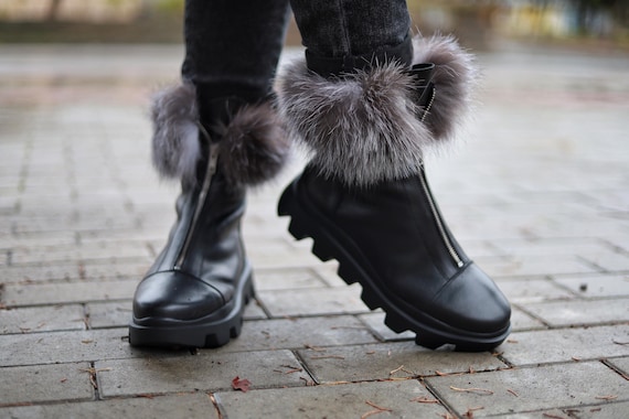 Black Leather Platform Boots: Silver Fox Fur Winter Shoes - Etsy