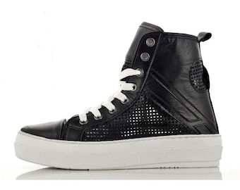Handcrafted Black Leather High-Top Sneakers: Perforated Streetwear Shoes