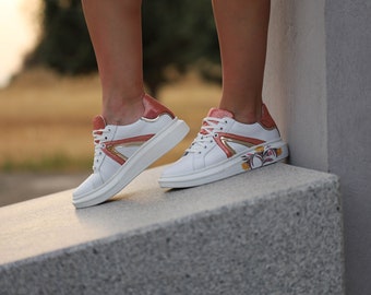 Genuine Leather Sneakers: White & Salmon Casual Shoes