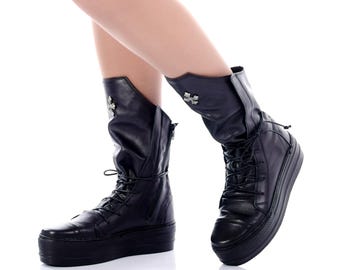 Handmade Gothic Platform Leather Boots: Metal Cross Detail