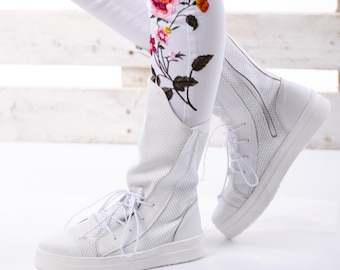 Handmade White Leather Gladiator Boots: Perforated Knee-High Lace-Up Sandals