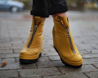 Yellow Leather Platform Ankle Boots: Women's Winter Shoes - Etsy