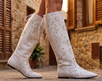 White Perforated Leather Knee-High Boots, Floral Cutout Boho Summer Style