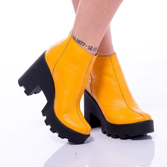 Yellow Leather Platform Ankle Boots: 70s Retro Festival Style - Etsy