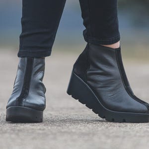 Black Leather Wedge Ankle Boots for Women - Handmade Platform Shoes, Stylish Comfortable Footwear, Handmade Casual Dress Boots