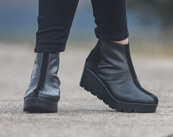 Black Leather Wedge Ankle Boots: Handmade Platform Boots