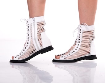 Handmade White Leather Gladiator Boots – Lace-Up Mesh Summer Shoes