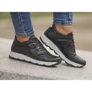 Black Genuine Leather Sneakers, Genuine Women Sneakers, Extravagant  Leather Sneakers, Comfortable Casual Shoes, Black Leather Sneakers