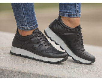 Black Genuine Leather Sneakers: Women's Casual Shoes